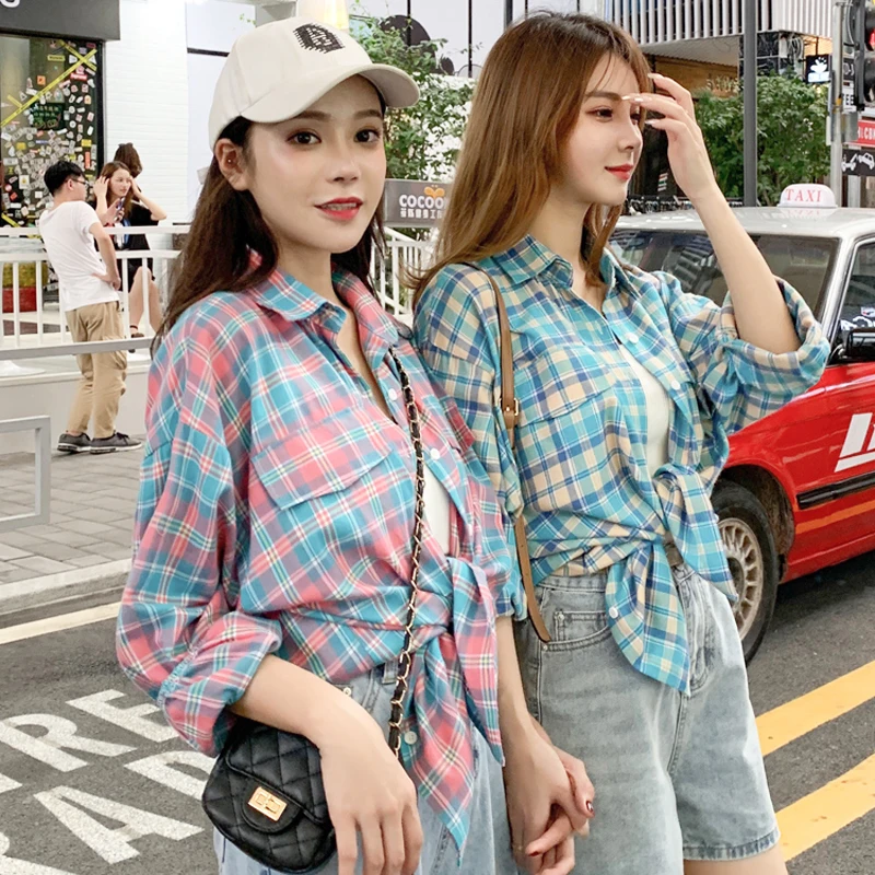 Новая Осенняя рубашка для женщин Harajuku клетчатые рубашки свободные рубашки с рукавами-фонариками хлопковые школьные рубашки для девочек женская розовая блузка