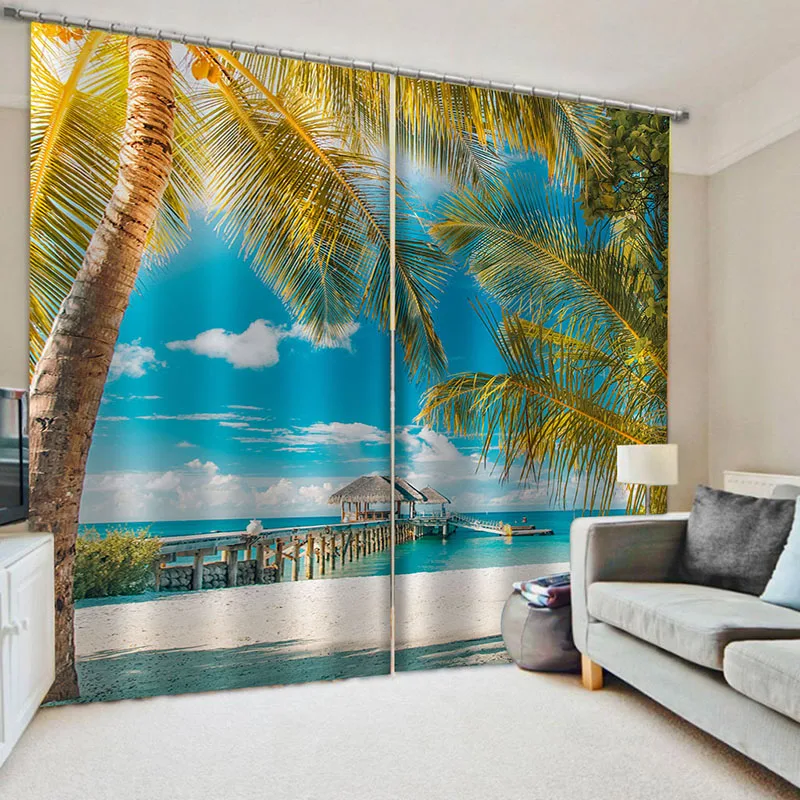 Beach Sunset Island Sand 3D Blockout Photo Printing Curtains Draps Fabric Window 