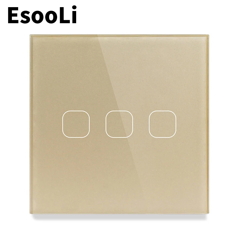 EsooLi Gold 3 Gang 1 Way EU/UK Standard Light Switch Wall Touch Sensor mute Crystal Glass switch power luxury | Обустройство дома