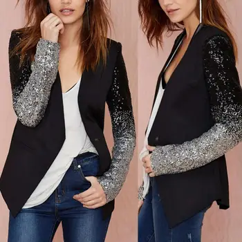 

Cool Women Sequined Blazer Coat Jacket Single Buckle Long Sleeve Suit