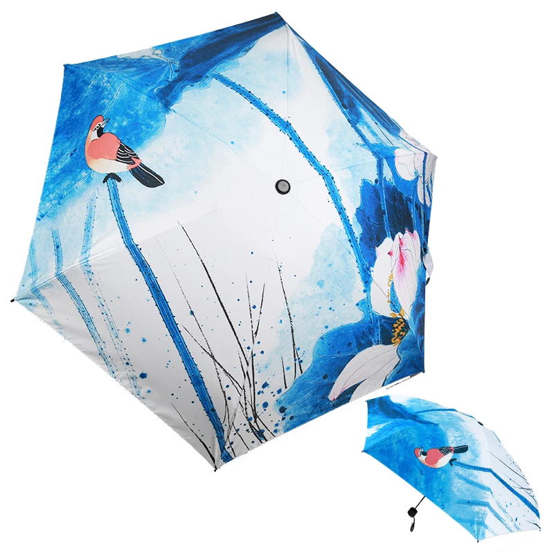 Anti-UV Mini Umbrella Oil Painting Paraguas Compact Sun Rain Women Parasol Bird Portable Folding Blue Travel Umbrellas | Дом и сад