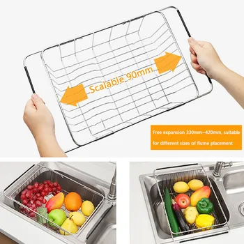

Kitchen Adjustable Dish Storage Rack Shelf Stainless Steel Sink Drain Basket Dish Washing Holder For Dinnerware Vegetable Fruit