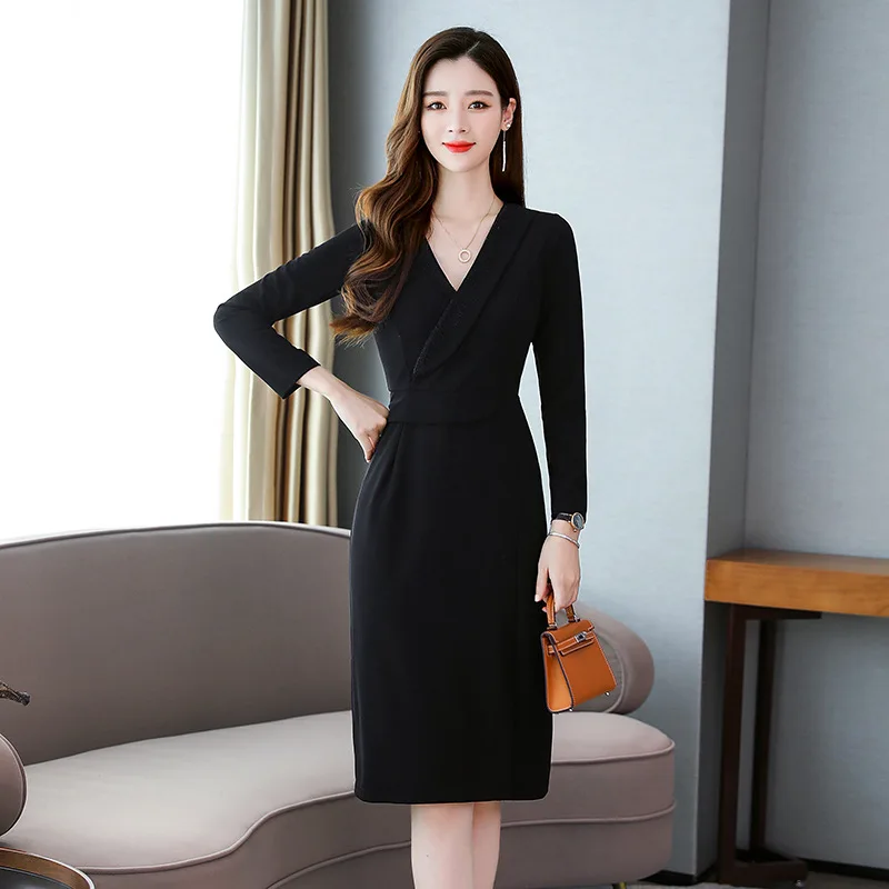 

Waist Hugging Dress 2019 New Style Autumn Clothing V-neck Slimming A- line Long Skirt