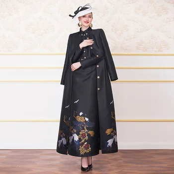 

Office Lady Single Breasted Embroidery Long Coat Chinese Style Windbreaker Spring Autumn Full Length Overcoat Runway vintage