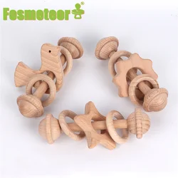 Fosmeteor sonajero de madera de haya Montessori para bebé, juguete de dentición manual, gimnasio sin BPA, 1 unidad