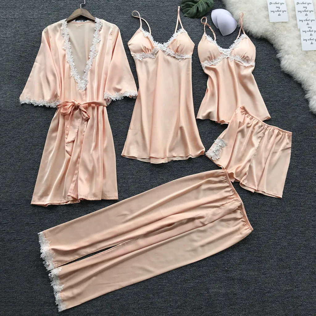 Сексуальный женский халат и платье, комплекты, кружевной Халат+ ночная сорочка, 5 шт., комплект одежды для сна, ночная рубашка из искусственного шелка, женское белье# T2G