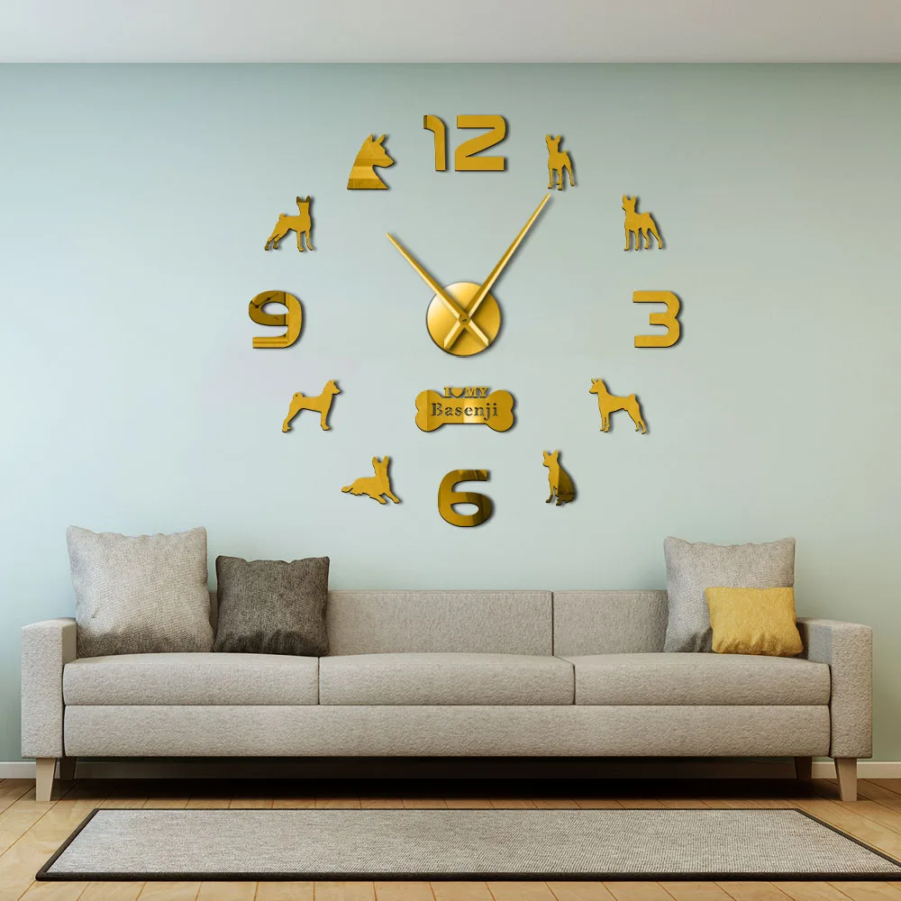 Basenji African Bush Dog Large DIY Wall Clock Barkless Doggie Ango Angari Congo Zande Puppy Pet Wall Stickers Watch Living Room