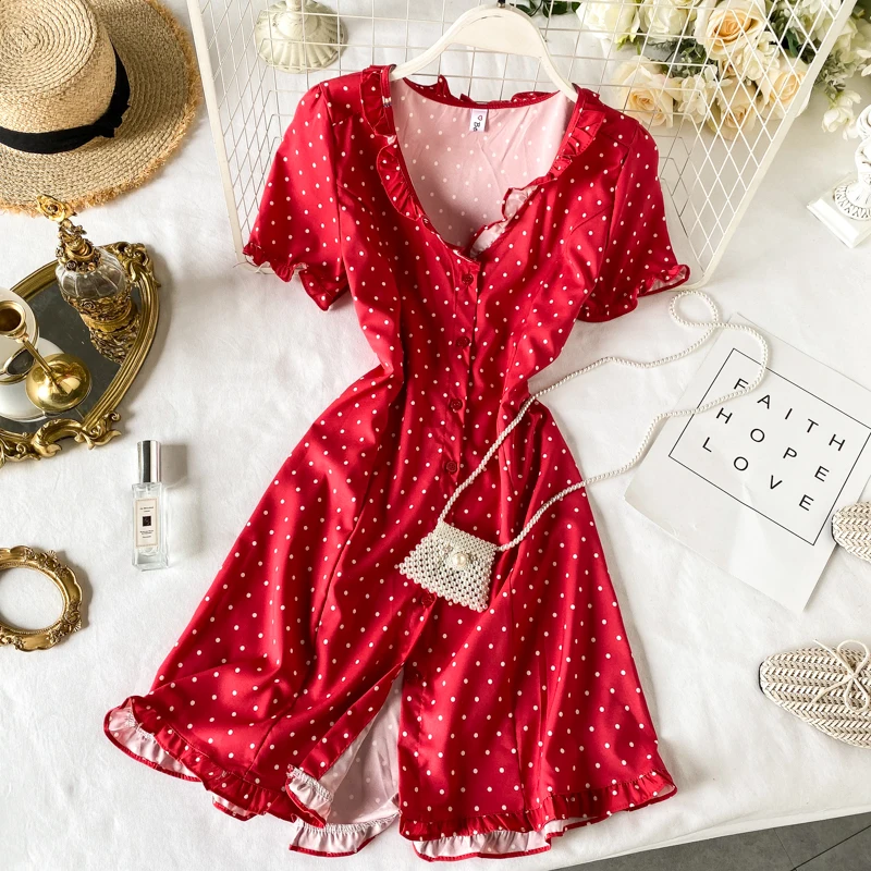 Женское элегантное мини платье в горошек с V образным вырезом и короткими