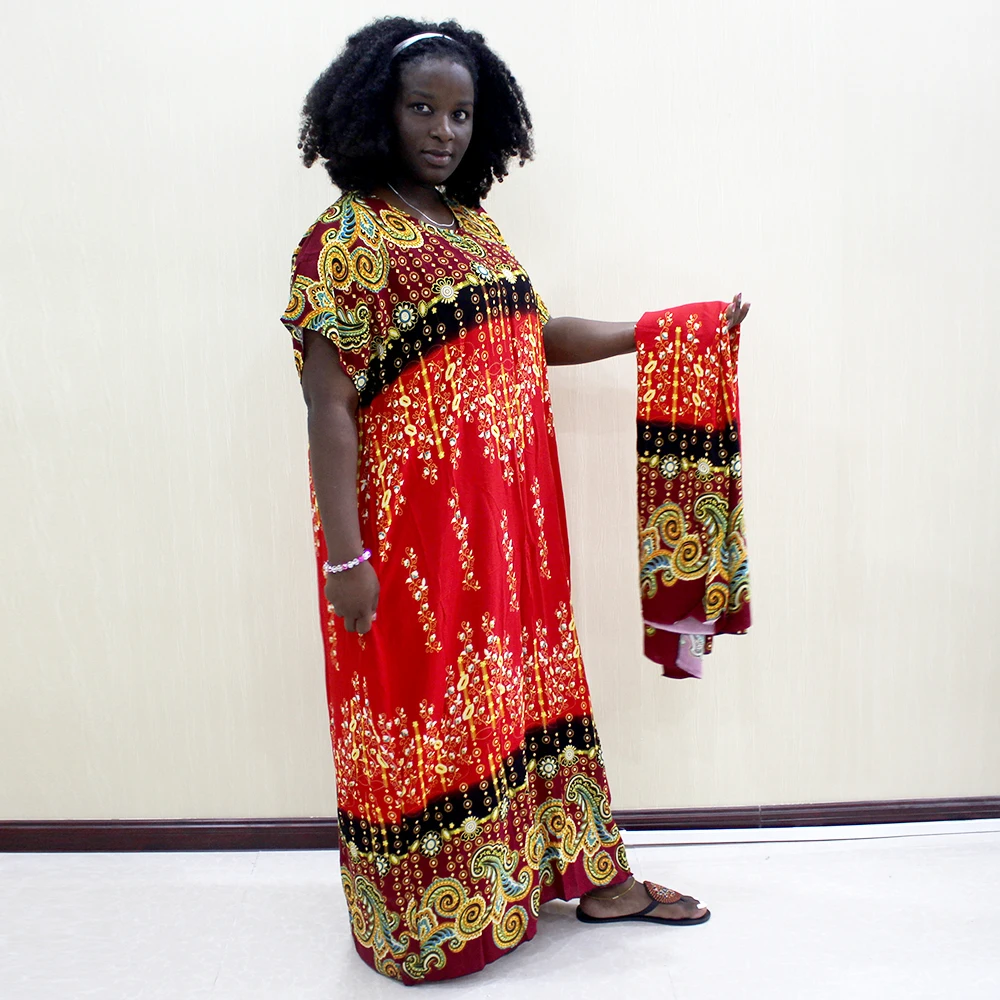 Дашики хлопок африканский Дашики печати o-образным вырезом с коротким рукавом размера плюс мама платье с шарфом