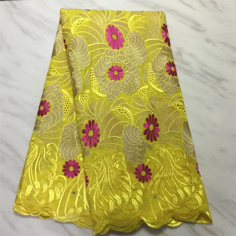 

5Yards/Lot Wonderful Yellow African Cotton Fabric Flower Embroidery Match Crystal Swiss Voile Dry Lace For Dressing PL12887