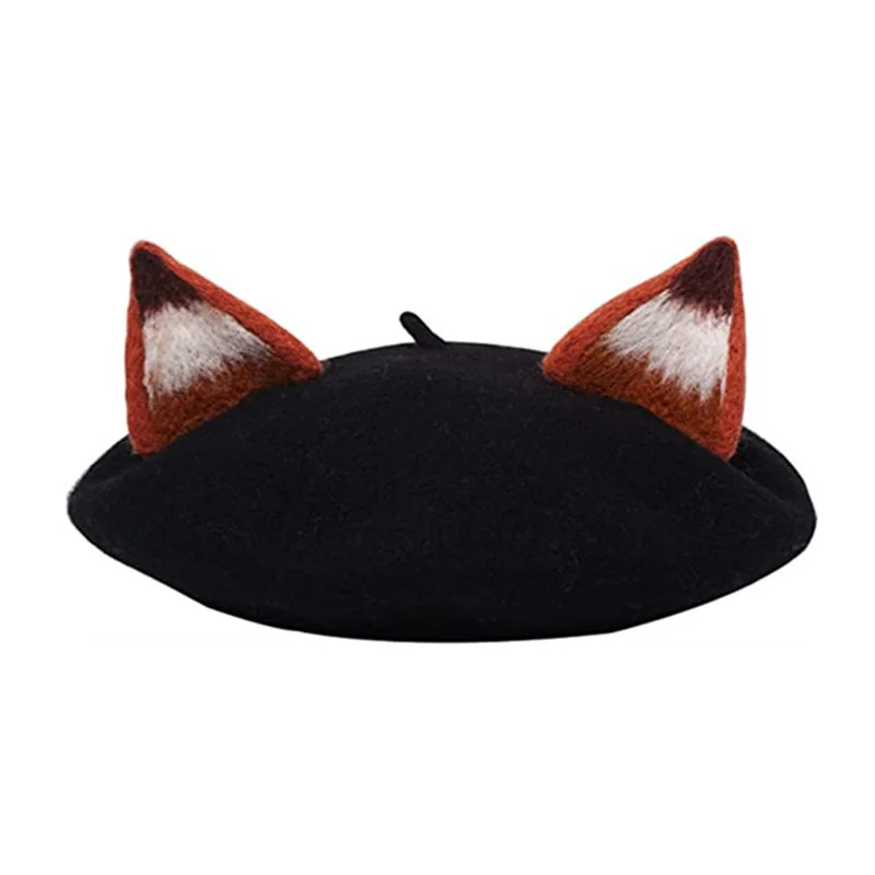 Fox Beret Cap for Women Cat with Ear Hat Cute Black Woolen Beanie Cap Pink/Gray Fashion High Quality Wholesale mens knit beret