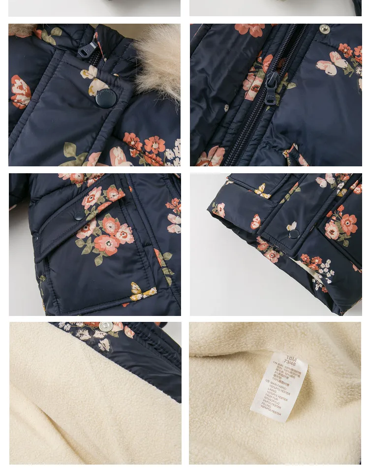 DBJ11915 dave bella/зимнее пальто с капюшоном и цветочным принтом для маленьких девочек; детская стеганая куртка; Детское пальто высокого качества; детская стеганая верхняя одежда