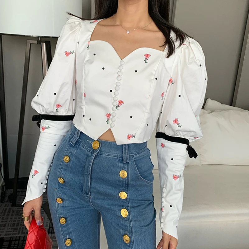  TWOTWINSTYLE Summer Print Women's Shirt Square Collar Puff Sleeve Bowknot Patchwork Short Fashion B