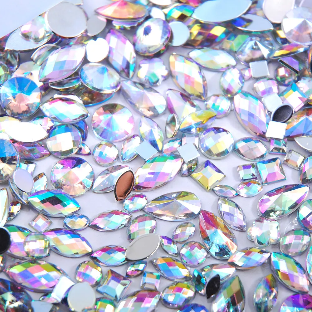 Sky Blue Glitter AB Nail Art Crystal Rhinestones - 300Pcs Mixed Shape Flat Back 3D Decoration Stones