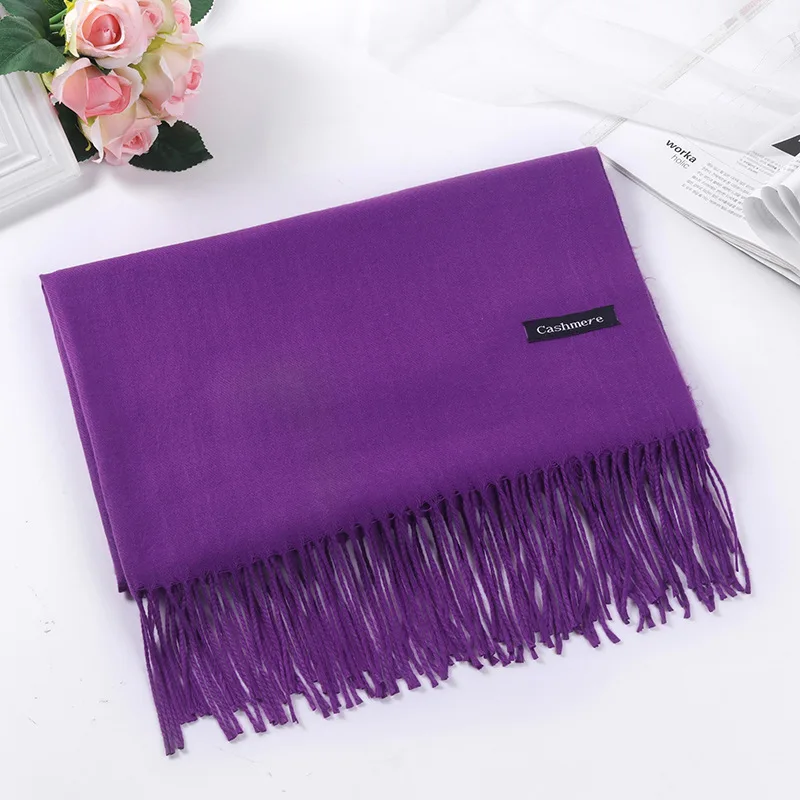 Dark purple Зимний женский шарф, кашемировый роскошный бренд, женские шарфы, Дамская Бандана с кисточками, Женская однотонная шаль, палантин, Пашмина - Цвет: Dark purple