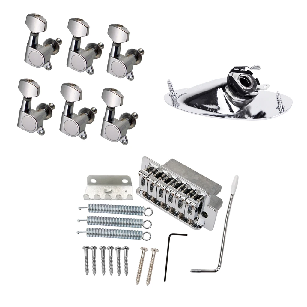 Chrome 6 String Guitar Tremolo Bridge System+Boat Shape Jack+6R Sealed Gear Tuning Pegs Machine Heads