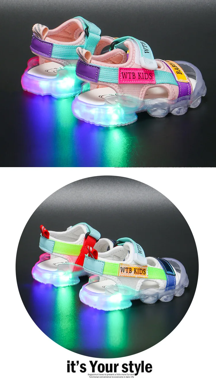 Summer Boy Toddler Sandals Letters Colorful Led Light Shoes Baby Girl Shoes Wear-resistant Kids Fashion Luminous Sandals extra wide fit children's shoes