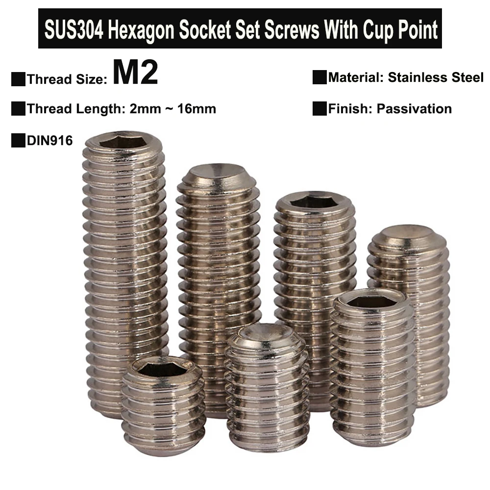 30Pcs/10Pcs M2x2mm~16mm SUS304 Stainless Steel Hexagon Socket Set Screws With Cup Point Headless Screws Grub Screw DIN916