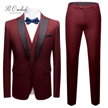 

PEORCHID 3 Piece Burgundy Men Suits Traje Hombre Formal Slim Fit Wedding Man Dress Groom Suit Tuxedo Party Prom Wear