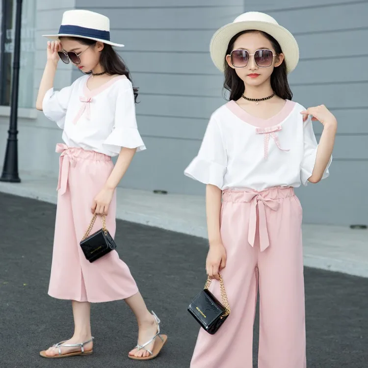 Kids Clothes Sets Summer T- Shirt + Wide Leg Pants 2 Pcs Suit Girls Clothing Set Children's 6 8 10 12 14 Teen Girl | Мать и ребенок