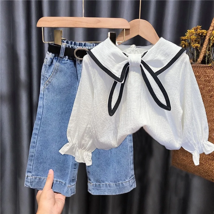Baby girls outfit New Girls clothing set 2 Pieces Baby Suit Long sleeve Lace shirt+jeans Kids Clothes Girl Suit