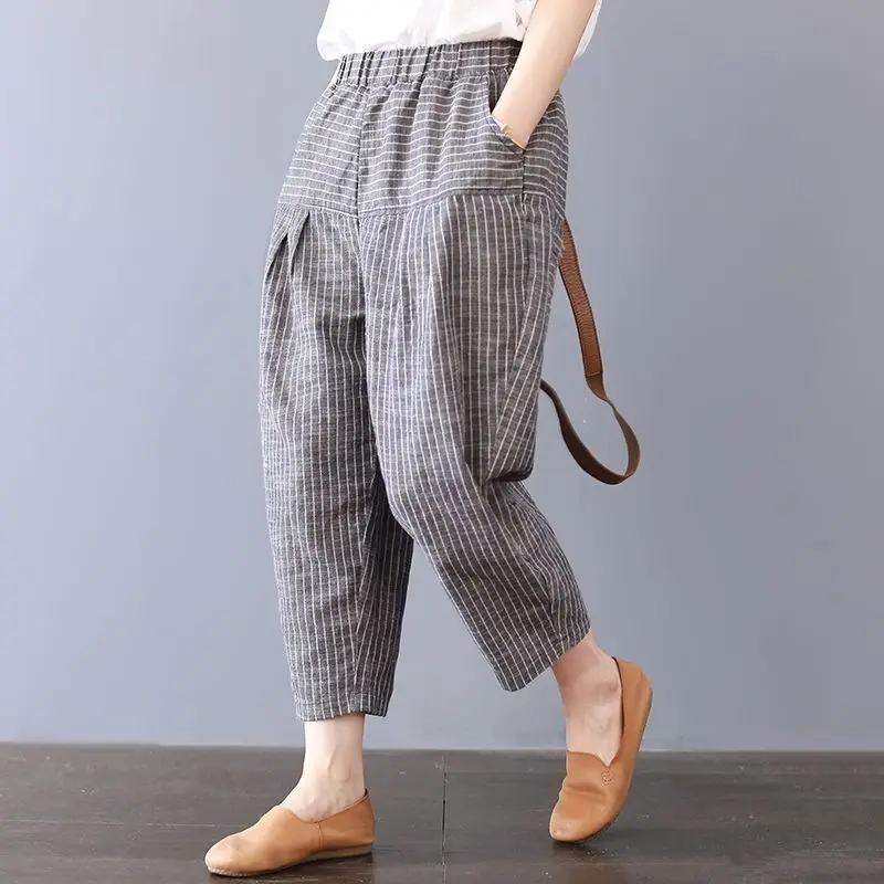 Johnature Ankle-length Pants Leisure Women Clothes New Autumn Harem Pants Loose Elastic Waist Trousers Casual Striped Pants