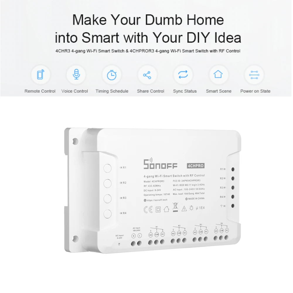 SONOFF 4CH PRO R3 ITEAD RF 433MHz 4 Gang WiFI Switch 3 Working Modes Interlock/Self-Locking/Inching WiFi Smart Home | Электроника