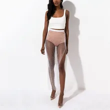 Длинные юбки в сеточку с блестящими кристаллами и бриллиантами, эластичная резинка на талии, в сетку, с высоким разрезом, сексуальные женские летние вечерние неоновые юбки для ночного клуба