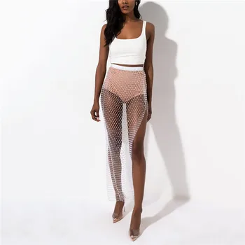 

Fishnet Glitter Crystal Diamonds Long Skirts Elastic Waist Grid High Split Sexy Women Summer Night Club Party Neon Skirt 2019