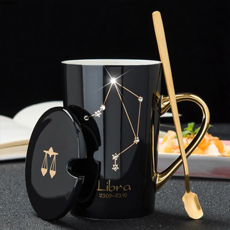 

12 Constellations Creative Ceramic Mugs with Spoon Lid Black and Gold Porcelain Zodiac Milk Coffee Cup 420ML Water Drinkware