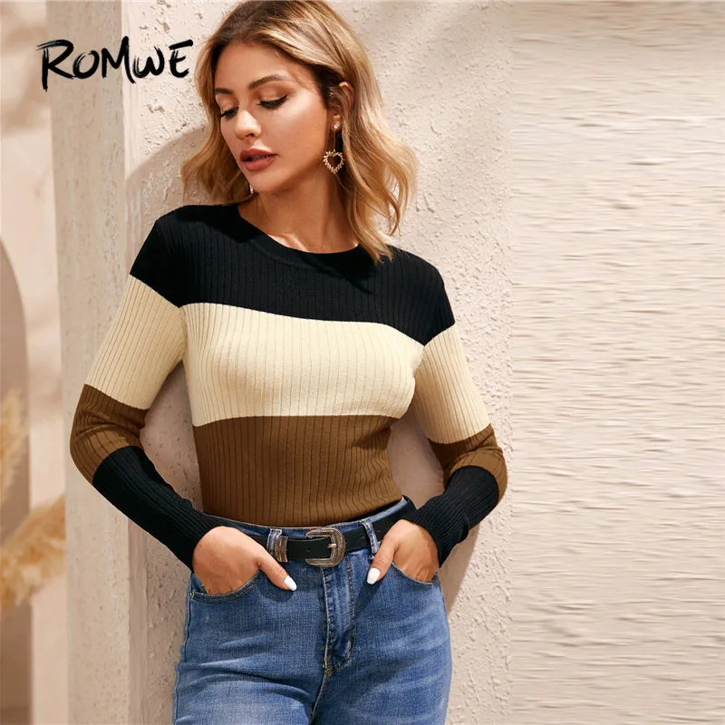 

ROMWE Colorblock Rib Knit Skinny Women Sweater 2020 Spring Stylish Slim Fit Basic Tops Ladies Knitted Sweater 3 Colors Jumper