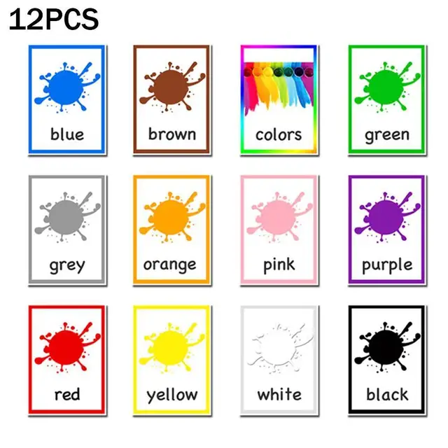 12pcs Montessori Kids English Learning Word Cards Color Flash Cards