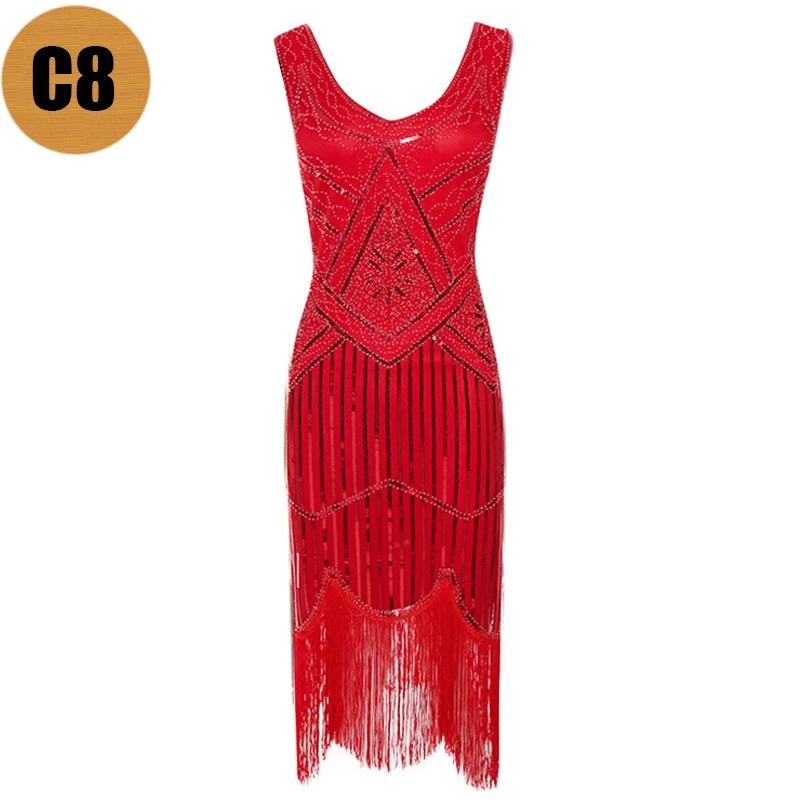Womens 1920s Great Gatsby Vintage Sleeveless Dress Sequin Embellished Full Fringed Flapper Dress 20s Retro Tassel Dress Vestidos - Цвет: C8