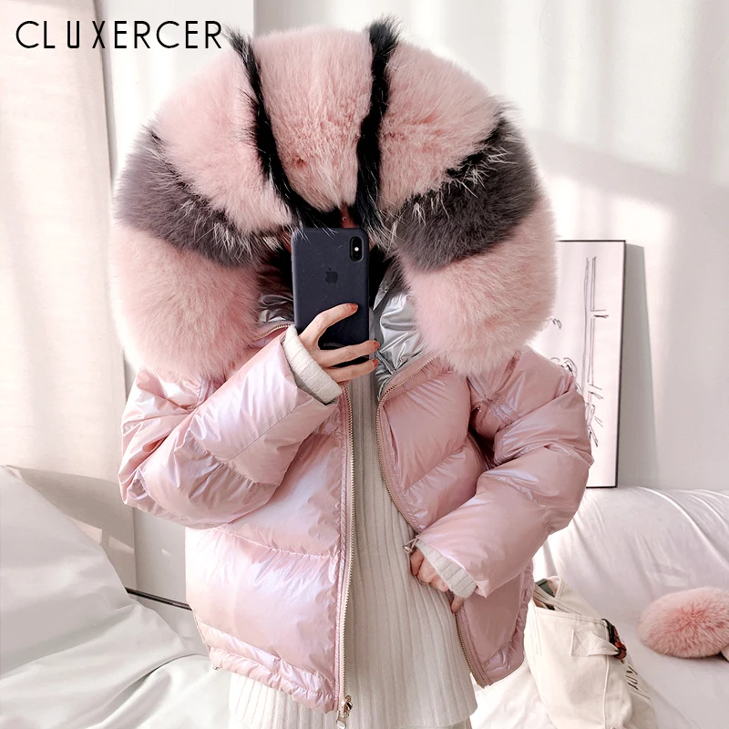 

Real Fox Fur Collar 2019 Winter Jacket Women Loose Short Down Coat White Duck Down Jacket Thick Warm Female Jacket Casaco