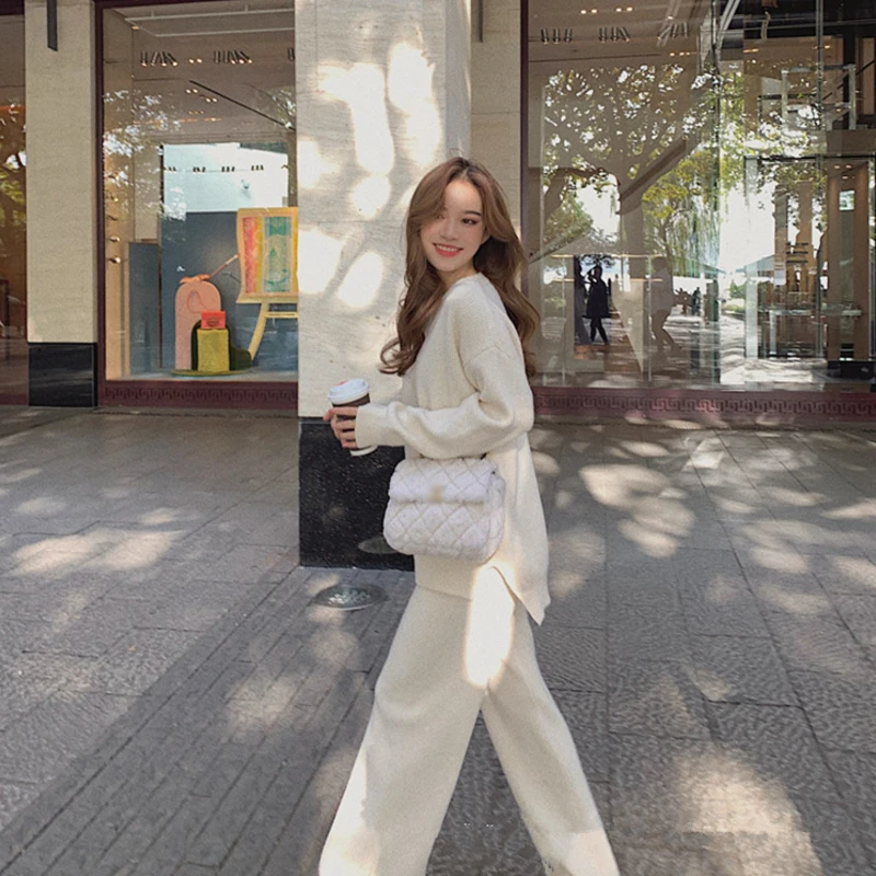 Two Piece Set Pullover Sweater Tracksuit Women High Waist Knit Straight Pants Suit Spring Clothes
