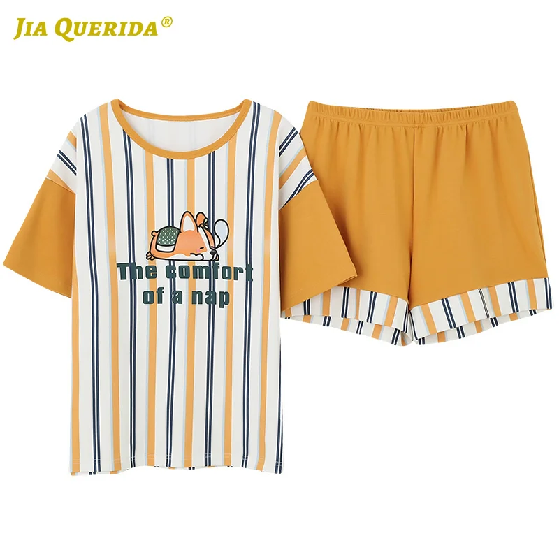

Homeclothes Crew Neck Short Sleeve Short Pants Homesuit Women Clothes 2020 Spring Cartoon Printing Stripe Pants Sleepwear Pj Set