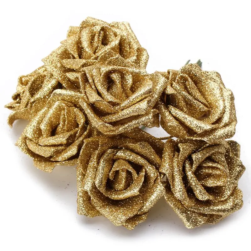 7Pcs Foam Glitter Artificial Rose Decor, Gold