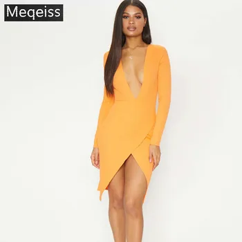 

New Fashion Orange Long Sleeve Bandage Dress High Quality Midi Bodycon Deep V Neck Evening Party Dress Winter Vestidos Wholesale