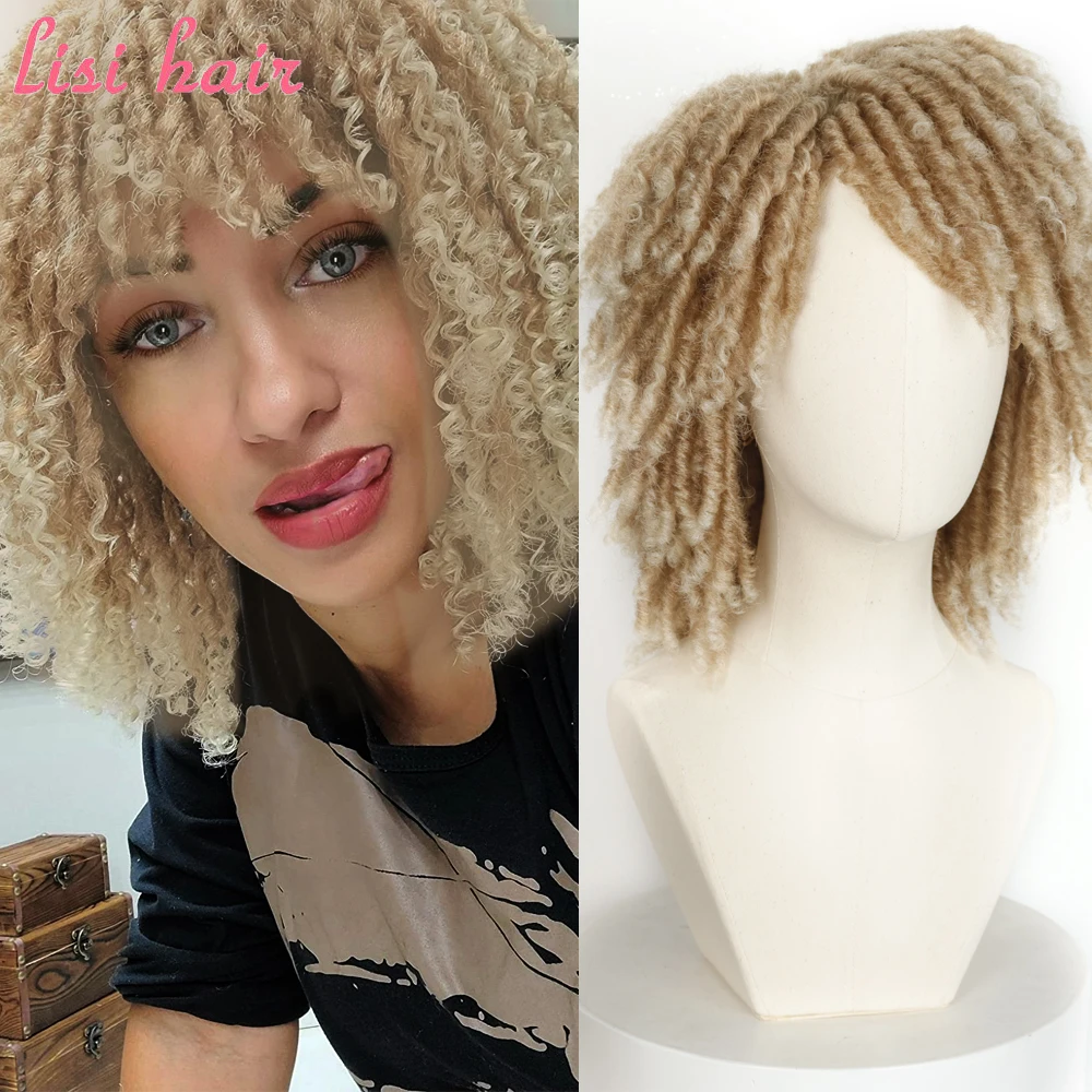 

LISIHAIR Afro Kinky Curly Wig Synthetic Short Dreadlock Wig With Bangs Black Ombre Blonde Wig For Black Women Crochet Braid Wig