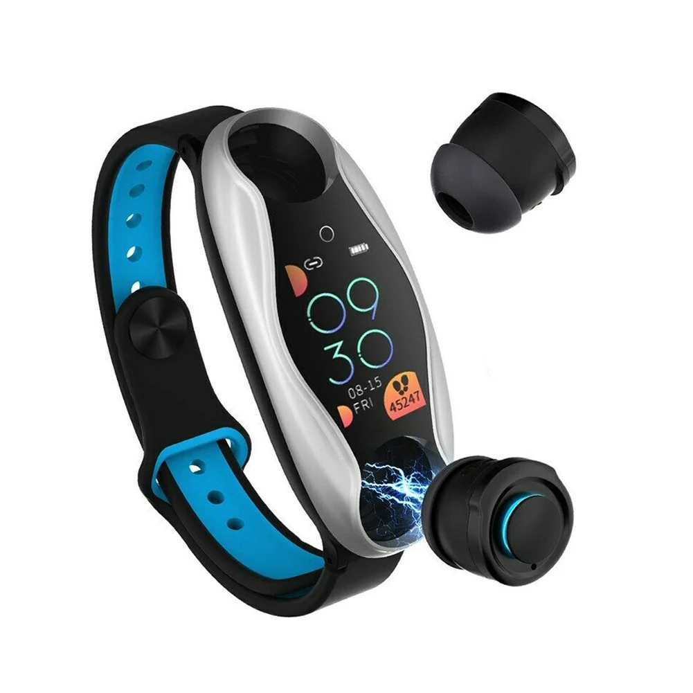 Смарт-часы-браслет TFT цветной экран Smartband фитнес-тренкер Bluetooth Спорт IP67 водонепроницаемый смарт-браслет с BT5.0 наушником - Цвет: Серебристый