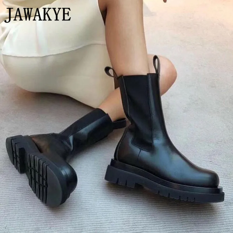 New Corrugated Round toe Thick bottom ankle Boots for women brown black wave Leather Runway Shoes flat Motorcycle Martin boots