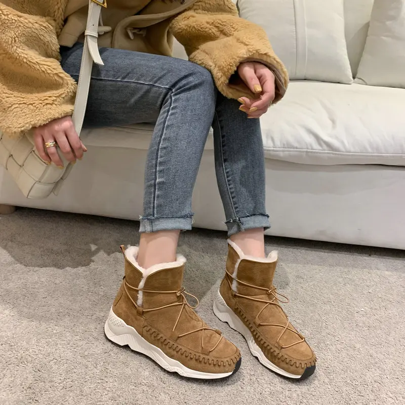 

QZYERAI Outdoor Winter Natural 100% Wool Genuine Leather Women Movement Snow Boots Fur Warm Boots Platform Boots Leisure Shoes