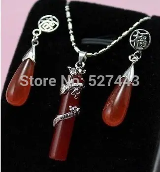 

Elegant red Natural Jade Dragon Pendant necklace Earring set