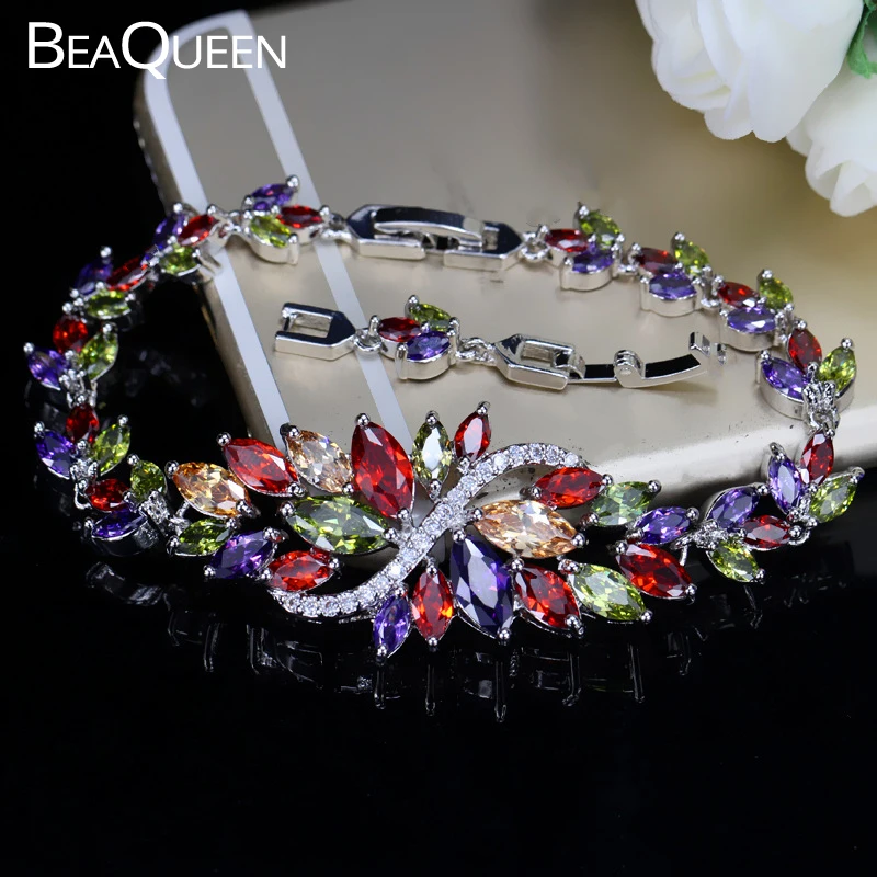 BeaQueen Summer Cute Crystal Jewelry Big Flower Cluster Colorful CZ Stone SIlver Plated Bracelet for Women Banquet Dinner B055