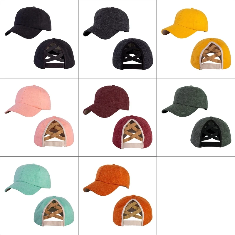 

Women Autumn Knitted Velvet Baseball Cap Solid Color Hollow Criss-Cross Ponytail Messy Bun Outdoor Sport Trucker Dad Hat