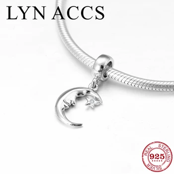 

925 Sterling Silver clear CZ moon and stars DIY fine Pendant Charm beads Fit Original LYNACCS Charm Bracelet Jewelry making