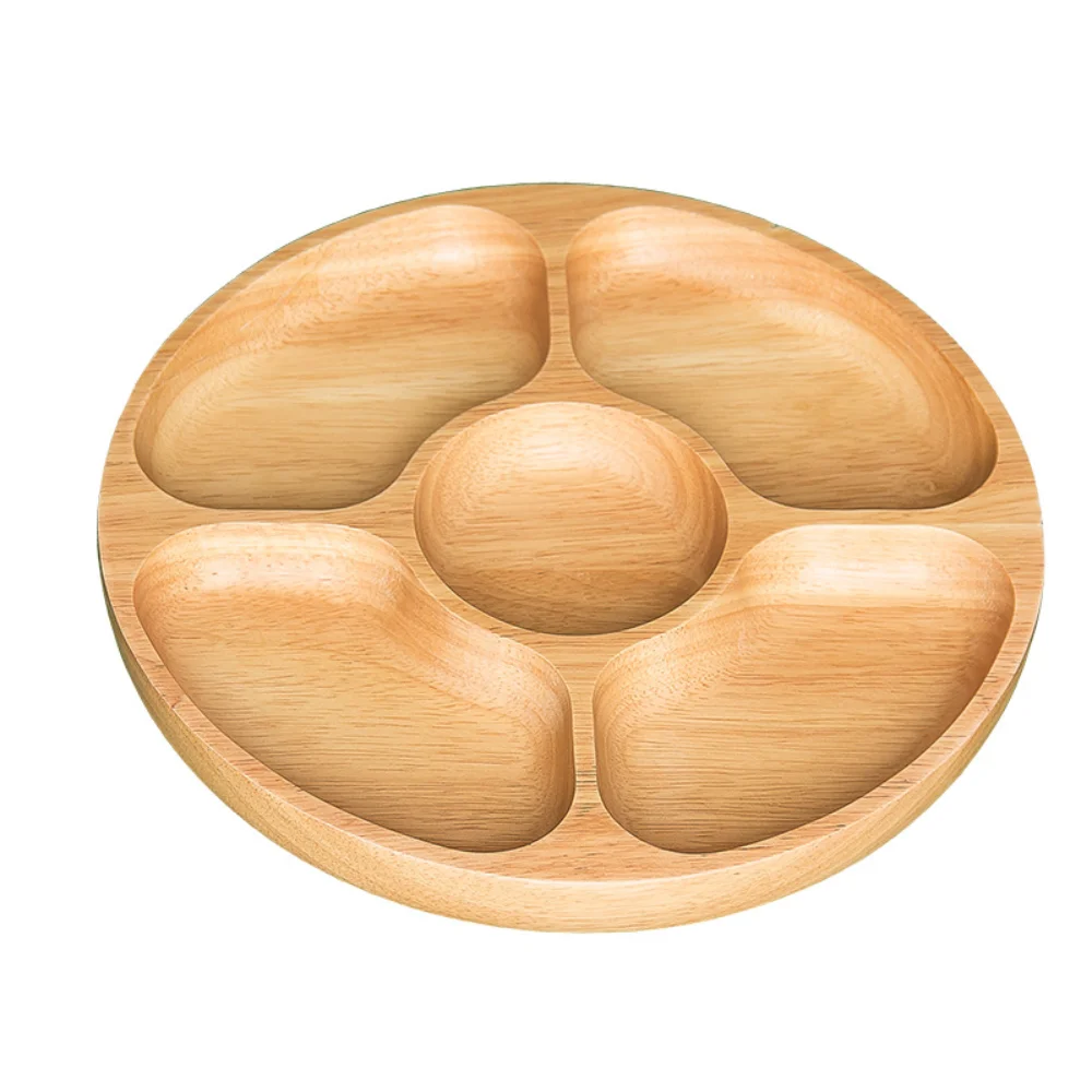 

Wood Appetizers Serving Dish Household 5 Compartments Snack Dry Fruit Plate Candy Tray - Round Divided Snack Plate Tray 25cm