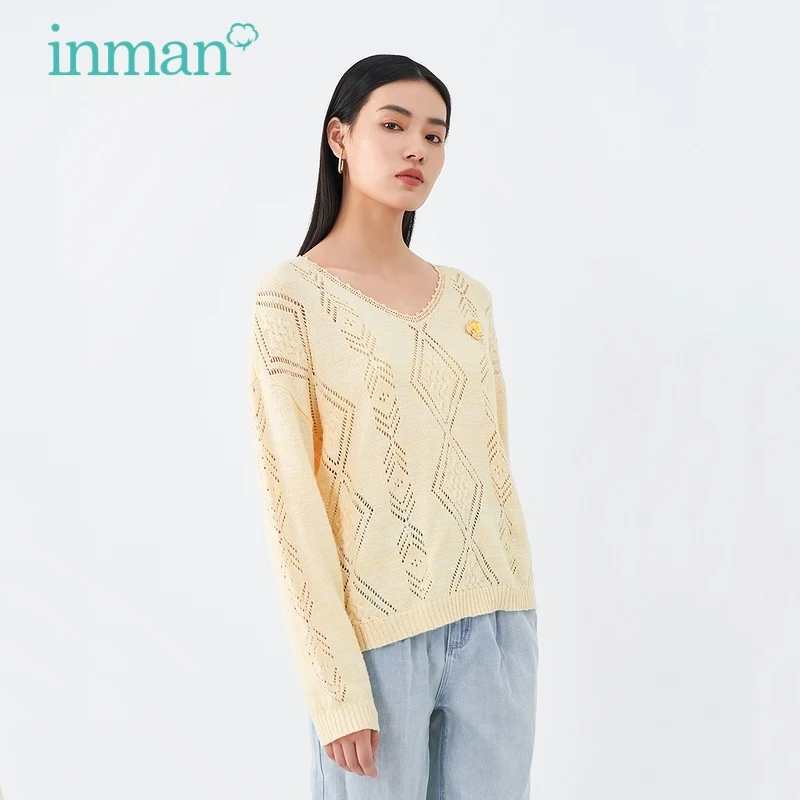 INMAN Women's Knitted Top Spring Autumn Sweet Elegant Three-dimensional Jacquard Beads Diamond Plaid Hollow Long Sleeve Sweater | Женская