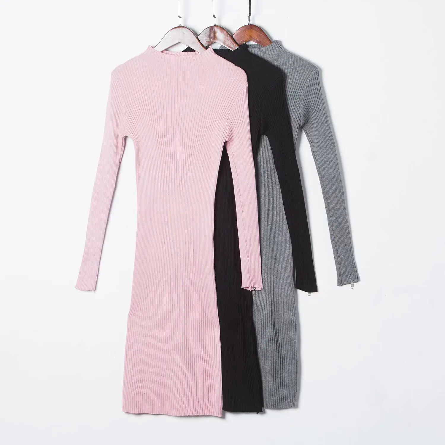 

Autumn New Products Western Style Solid Color Tight Elasticity Half-Turtle-Neck Unilateral with Zipper WOMEN'S Knitted Dress