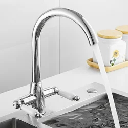 Kitchen Faucet Traditional Sink Taps Dual Lever Handle 360 Degree Swivel Spout Mixer Valve Tap Brass Body Hot Code Water Faucets